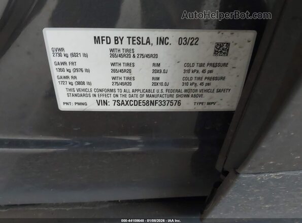 7SAXCDE58NF337576 2022 TESLA MODEL X Серый Вид подкапотного пространства