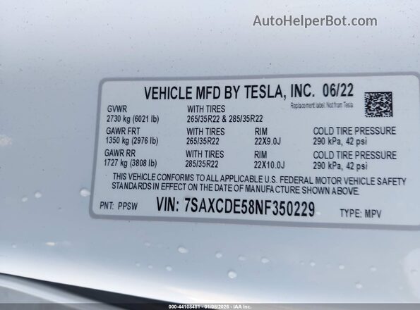 7SAXCDE58NF350229 2022 TESLA MODEL X Белый Вид подкапотного пространства