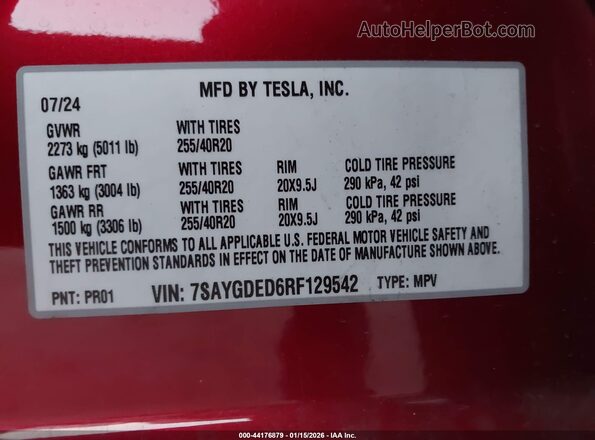 7SAYGDED6RF129542 2024 TESLA MODEL Y Burgundy Вид підкапотного простору