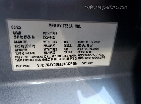 7SAYGDEE8TF328964 2026 TESLA MODEL Silver VIN sticker view