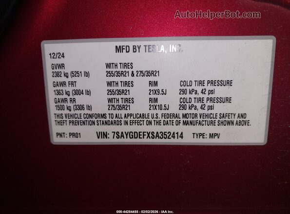 7SAYGDEFXSA352414 2025 TESLA MODEL Y Red Շարժիչի բաժամունքի տեսք