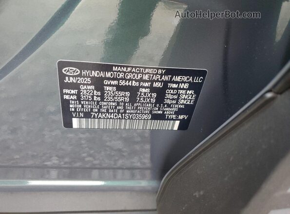 7YAKN4DA1SY035969 2025 HYUNDAI IONIQ Серый Вид наклейки с VIN-кодом