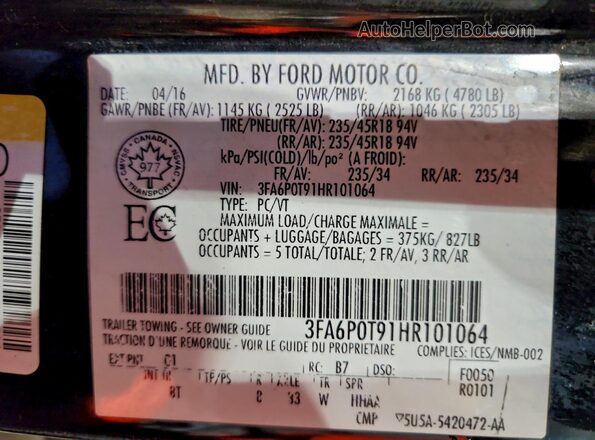 3FA6P0T91HR101064 2017 FORD FUSION Черный Вид наклейки с VIN-кодом