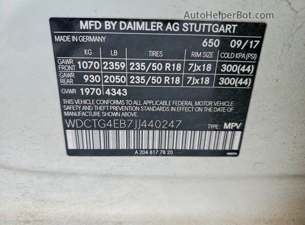 WDCTG4EB7JJ440247 2018 MERCEDES-BENZ GLA-CLASS White Widok naklejki z numerem VIN