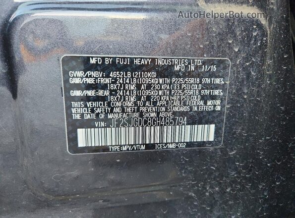 JF2SJGDC8GH485794 2016 SUBARU FORESTER2. Серый Панорамный вид салона 360°