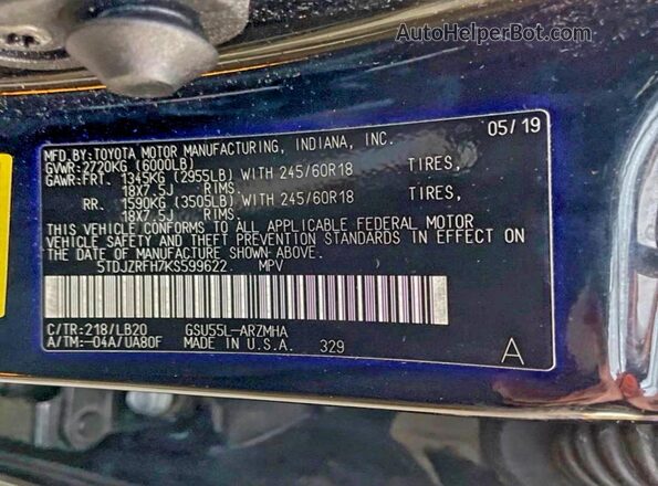 5TDJZRFH7KS599622 2019 TOYOTA LE Черный Вид задней части салона