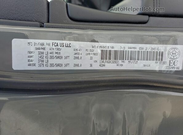 1C4RJFAG6KC828221 2019 JEEP GRAND Gray Widok naklejki z numerem VIN