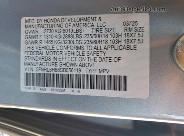 5FNRL6H68SB056119 2025 HONDA ODYSSEY Silver Widok naklejki z numerem VIN