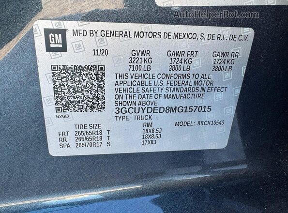 3GCUYDED8MG157015 2021 CHEVROLET SILVERADO Серый Вид задней части салона