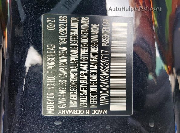 WP0CA2A93MS239717 2021 PORSCHE 911 Black VIN კოდის სტიკერის ხედი