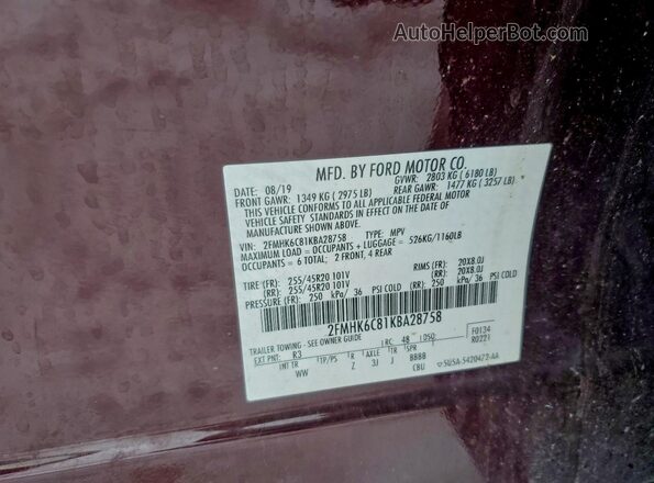 2FMHK6C81KBA28758 2019 FORD FLEX Бордовый Панорамный вид салона 360°