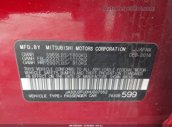 JA32U2FU0HU007052 2017 MITSUBISHI LANCER Красный Вид подкапотного пространства