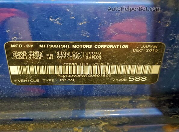 JA32V2FW7GU601800 2016 MITSUBISHI LANCER Синий Вид наклейки с VIN-кодом