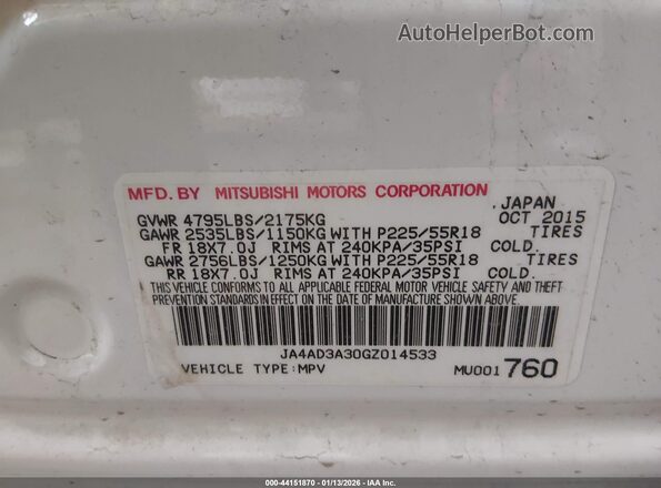 JA4AD3A30GZ014533 2016 MITSUBISHI OUTLANDER Белый Вид подкапотного пространства