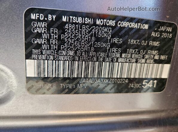 JA4AD3A3XKZ010224 2019 MITSUBISHI OUTLANDER Серый Вид наклейки с VIN-кодом