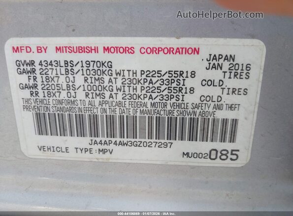 JA4AP4AW3GZ027297 2016 MITSUBISHI OUTLANDER SPORT Серебряный Вид подкапотного пространства