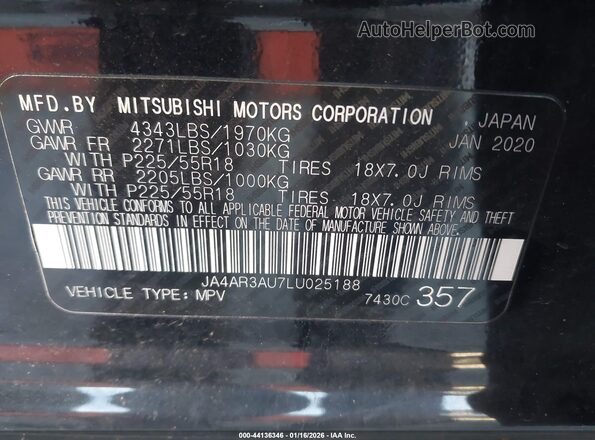 JA4AR3AU7LU025188 2020 MITSUBISHI OUTLANDER SPORT Black Widok komory silnika
