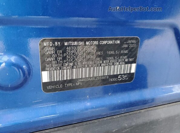 JA4AS3AA5LZ033819 2020 MITSUBISHI ECLIPSE Синий Вид наклейки с VIN-кодом