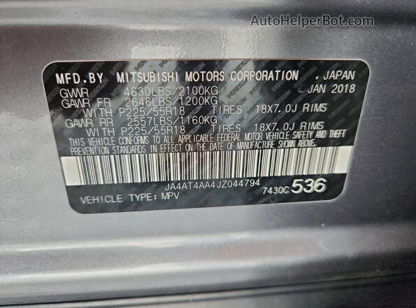 JA4AT4AA4JZ044794 2018 MITSUBISHI ECLIPSE Серый Вид наклейки с VIN-кодом