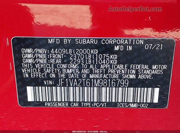 JF1VA2T61M9816799 2021 SUBARU WRX STI Pewter Вид подкапотного пространства