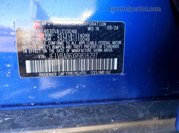 JF1VBAB6XR9816297 2024 SUBARU WRX Синий Вид подкапотного пространства