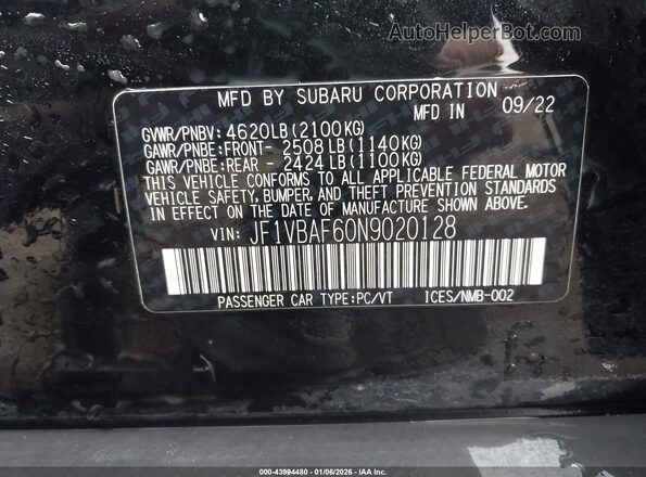 JF1VBAF60N9020128 2022 SUBARU WRX Black ძრავის განყოფილების ხედი