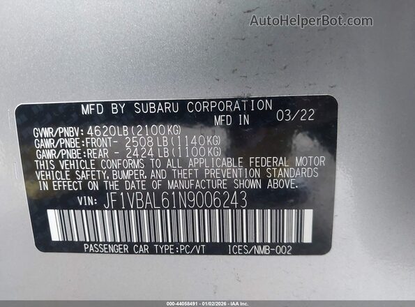 JF1VBAL61N9006243 2022 SUBARU WRX Gray ძრავის განყოფილების ხედი