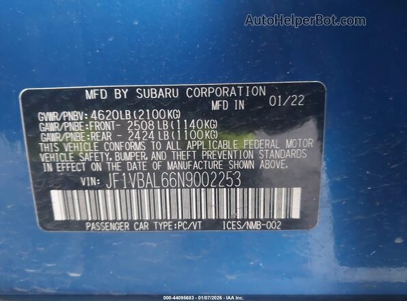 JF1VBAL66N9002253 2022 SUBARU WRX Синий Вид подкапотного пространства