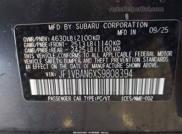 JF1VBAN6XS9808394 2025 SUBARU WRX Серый Вид подкапотного пространства