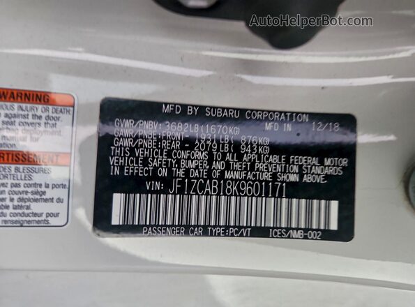 JF1ZCAB18K9601171 2019 SUBARU BRZ White Вид підкапотного простору