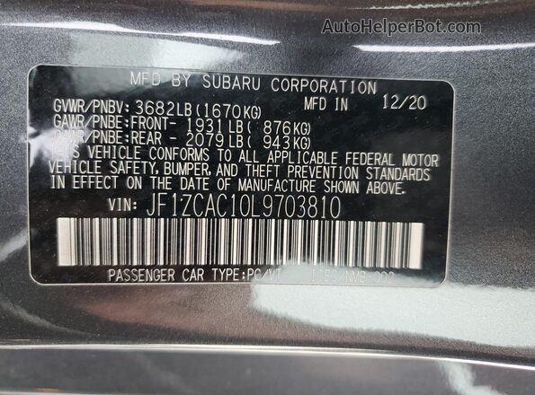 JF1ZCAC10L9703810 2020 SUBARU BRZ Серый Вид наклейки с VIN-кодом