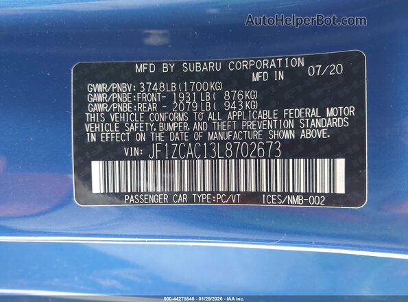 JF1ZCAC13L8702673 2020 SUBARU BRZ Синий Вид подкапотного пространства