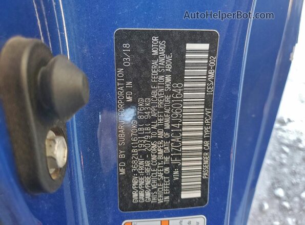 JF1ZCAC14J9601648 2018 SUBARU BRZ Синий Вид наклейки с VIN-кодом