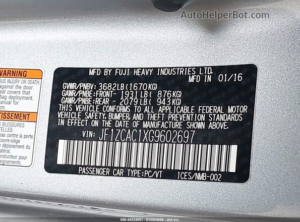 JF1ZCAC1XG9602697 2016 SUBARU BRZ Silver Вид підкапотного простору