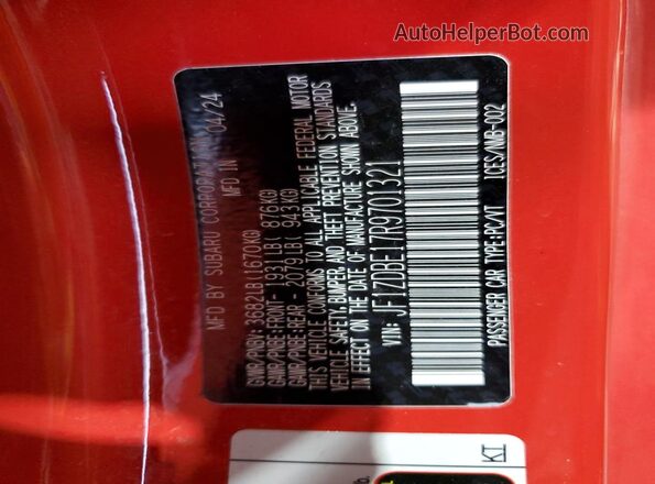 JF1ZDBE17R9701321 2024 SUBARU BRZ Красный Вид наклейки с VIN-кодом
