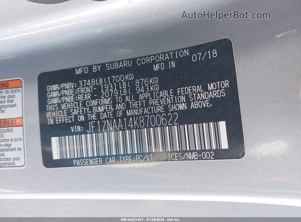 JF1ZNAA14K8700622 2019 TOYOTA 86 Silver Vista del compartimento del motor