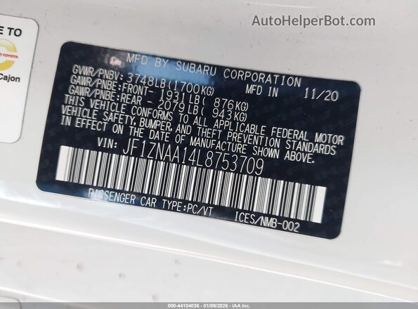 JF1ZNAA14L8753709 2020 TOYOTA 86 White Widok komory silnika