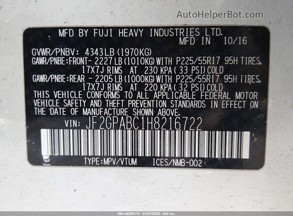 JF2GPABC1H8216722 2017 SUBARU CROSSTREK Белый Вид подкапотного пространства