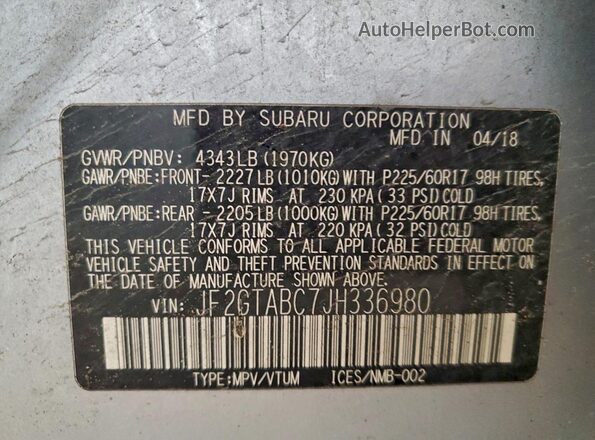 JF2GTABC7JH336980 2018 SUBARU CROSSTREK Серебряный Вид наклейки с VIN-кодом