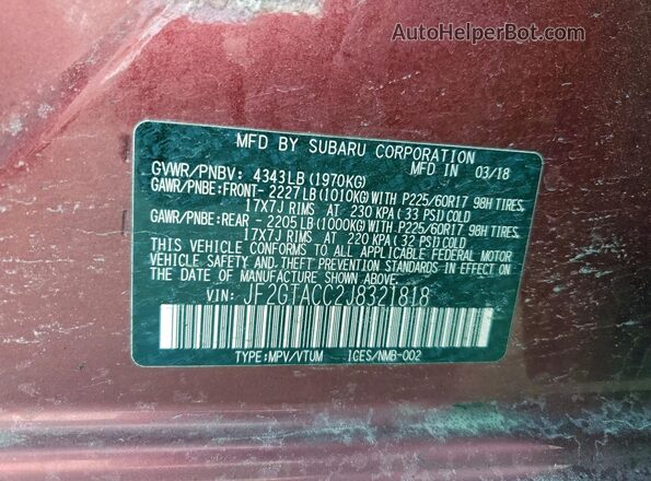 JF2GTACC2J8321818 2018 SUBARU CROSSTREK Красный Вид наклейки с VIN-кодом