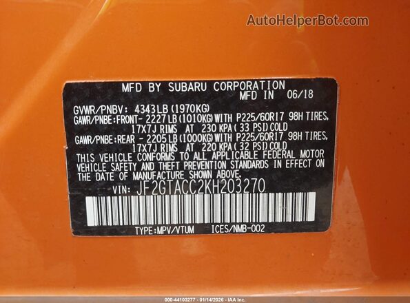 JF2GTACC2KH203270 2019 SUBARU CROSSTREK Оранжевый Вид подкапотного пространства
