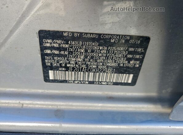 JF2GTAEC0KH229461 2019 SUBARU CROSSTREK Серебряный Вид наклейки с VIN-кодом