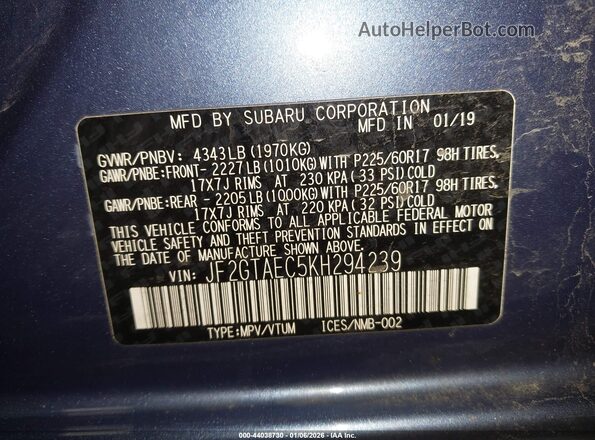 JF2GTAEC5KH294239 2019 SUBARU CROSSTREK Синий Вид подкапотного пространства