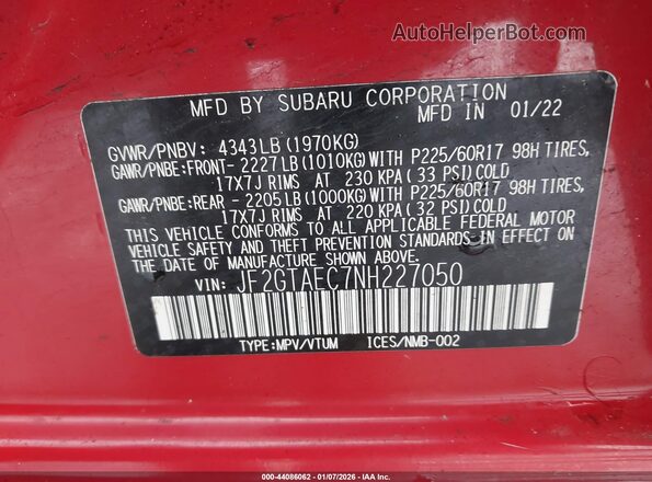JF2GTAEC7NH227050 2022 SUBARU CROSSTREK Красный Вид подкапотного пространства