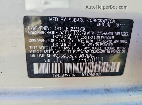 JF2GTDEC2PH270103 2023 SUBARU CROSSTREK White Widok naklejki z numerem VIN