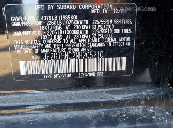 JF2GTHNC2NH205210 2022 SUBARU CROSSTREK Black Widok naklejki z numerem VIN