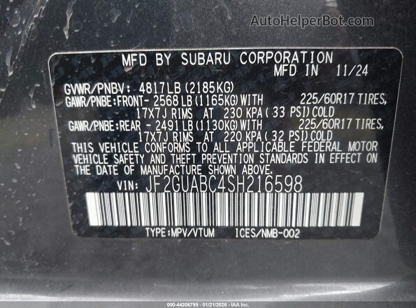 JF2GUABC4SH216598 2025 SUBARU CROSSTREK Gray Vista del compartimento del motor