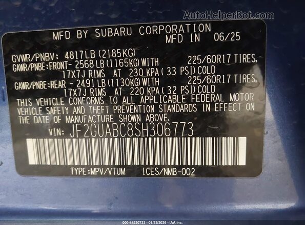 JF2GUABC8SH306773 2025 SUBARU CROSSTREK Синий Вид подкапотного пространства