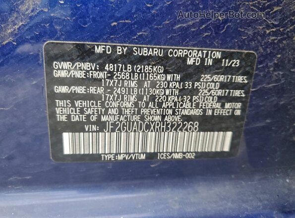 JF2GUADCXRH322268 2024 SUBARU CROSSTREK Blue Widok wnętrza 360 stopni