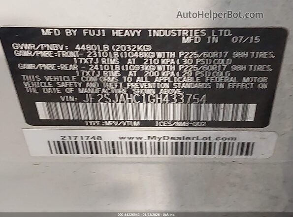 JF2SJAHC1GH433754 2016 SUBARU FORESTER 2.5 White Widok komory silnika